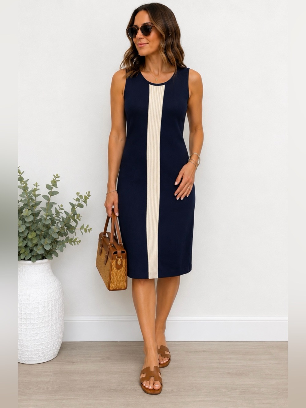 St. John Sport Navy Wool Knit Sleeveless Midi Dress Cream Stripe Nautical Preppy